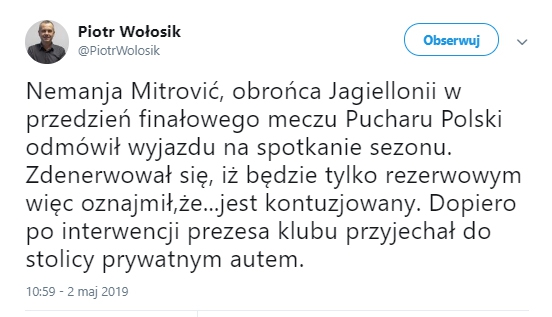 Piłkarz Jagiellonii NIE CHCIAŁ pojechać na finał PP, bo...